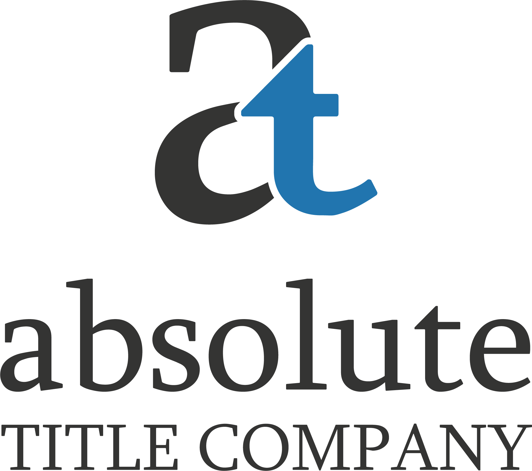 Logo for absolute Title Company featuring a stylized 'a_t' with a black and blue color scheme and the company name below.