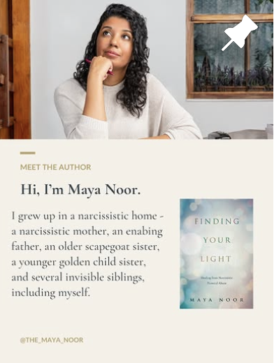Portrait of Maya Noor with a book cover titled 'Finding Your Light' in the background, appearing to be a book author introduction.