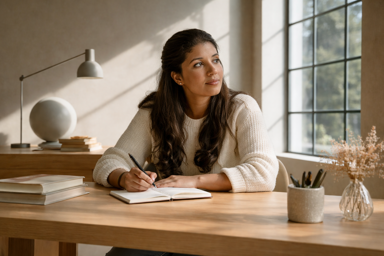A woman sitting at a wooden desk, writing in a notebook with a pen, in a room with natural sunlight coming through large window panes.