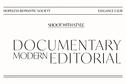 Titelpagina met tekst over documentaire en modern editorial, georganiseerd door Hopeless Romantic Society en Elegance Club.