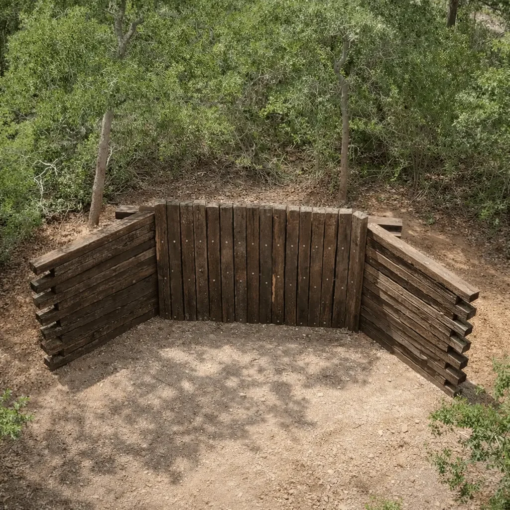 Wooden barrier or wall in a natural outdoor setting with trees and bushes