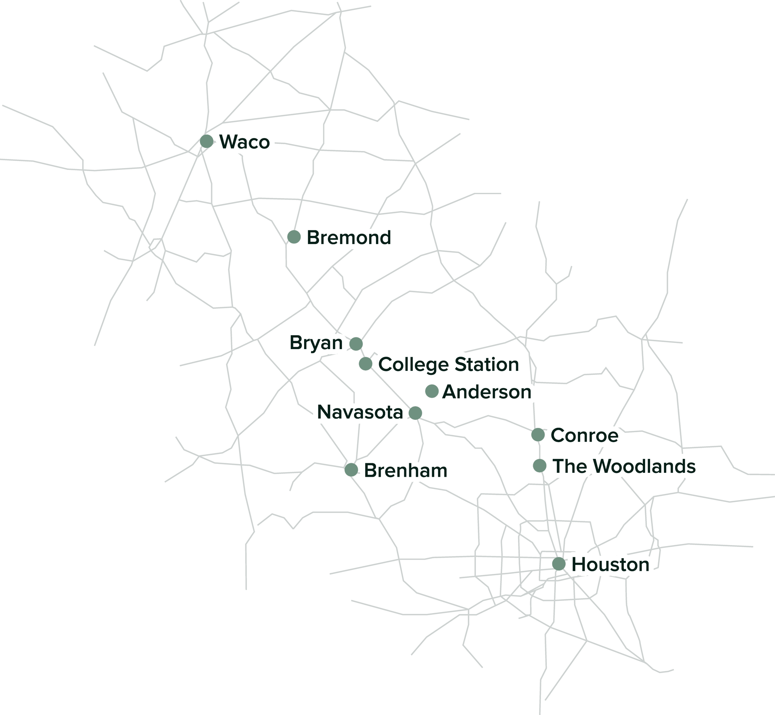 Map highlighting cities in Texas, including Waco, Bremond, Bryan, College Station, Anderson, Navasota, Conroe, and Houston.