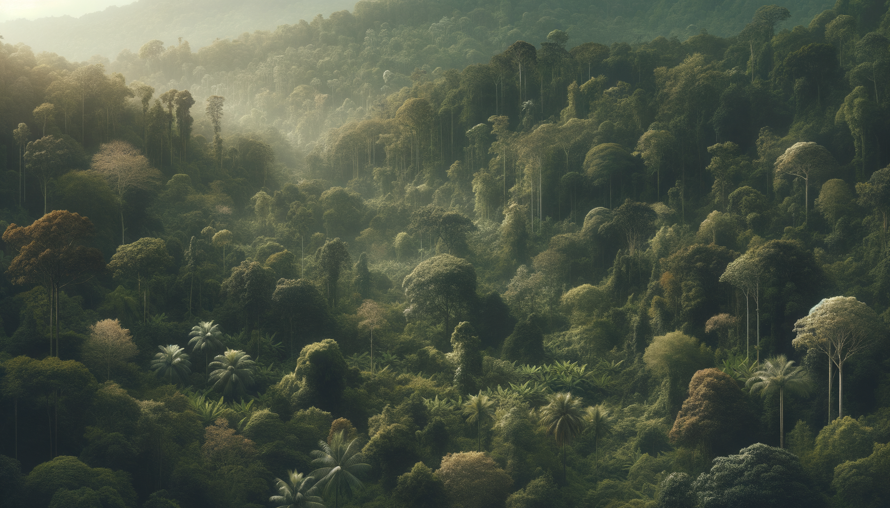 Lush green tropical rainforest with various trees and plants, some with tall, thin trunks and broad canopies, partially shrouded in mist.