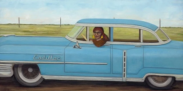 A painted illustration of a vintage blue Cadillac with a woman in the driver’s seat, set against a background of green fields and power lines under a blue sky.