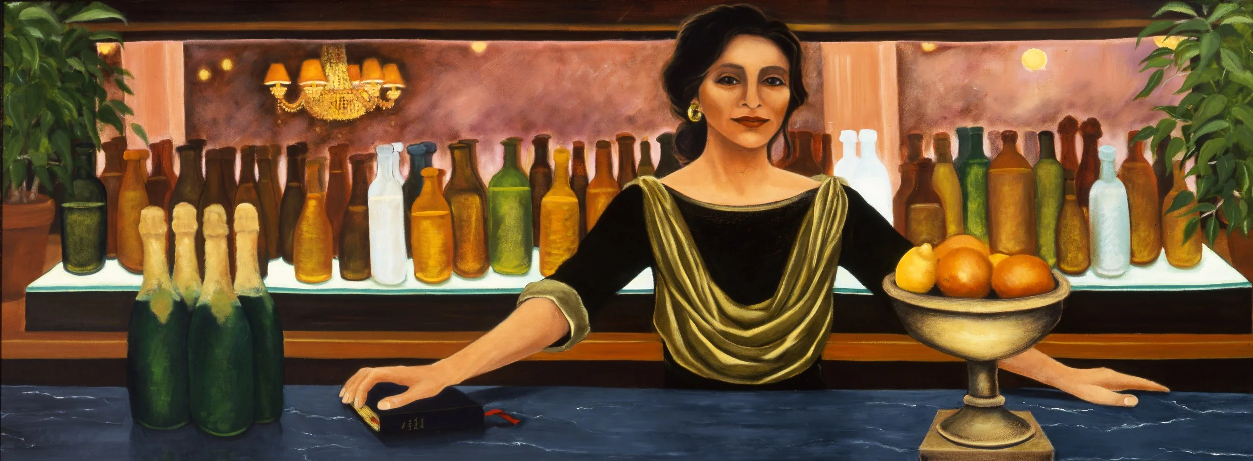 Painting of a woman standing behind a bar counter with bottles and fruits, inside a warmly lit room with plants and a chandelier.