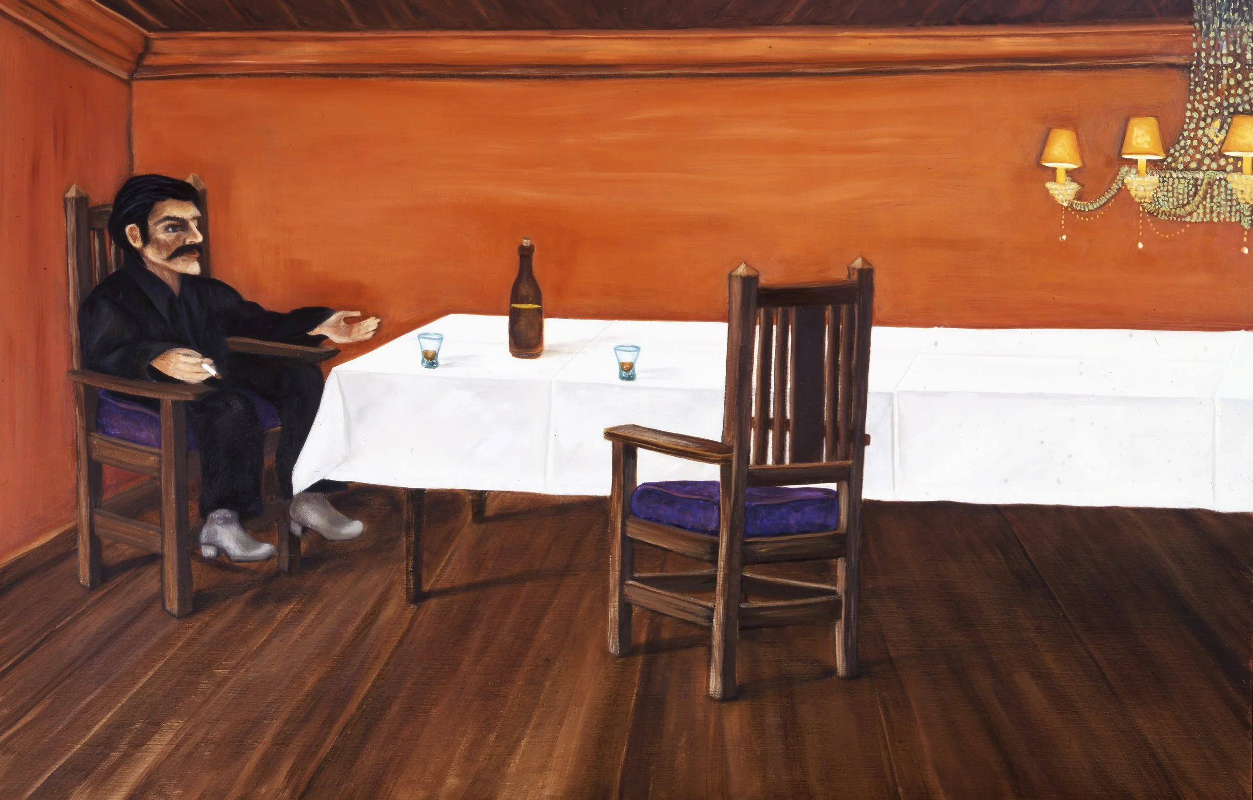 Painting of a man with dark hair and thick mustache, sitting alone on a purple-cushioned wooden chair at a table with a white tablecloth, in a room with orange walls and a dark brown wooden floor. The table holds a brown bottle and two glasses of liquor. There are two empty wooden chairs, one facing the man. A chandelier with small lamps is visible on the right.