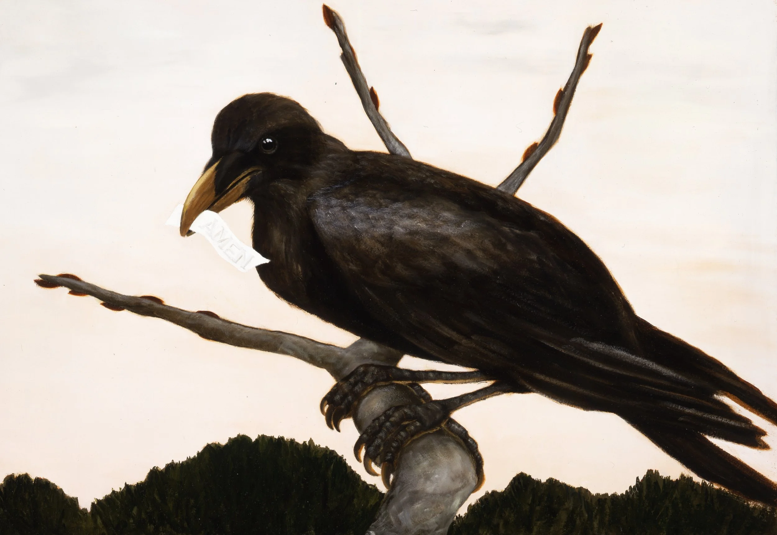 Painting of a black bird with a yellow beak perched on a branch with dark foliage below and a light sky background.