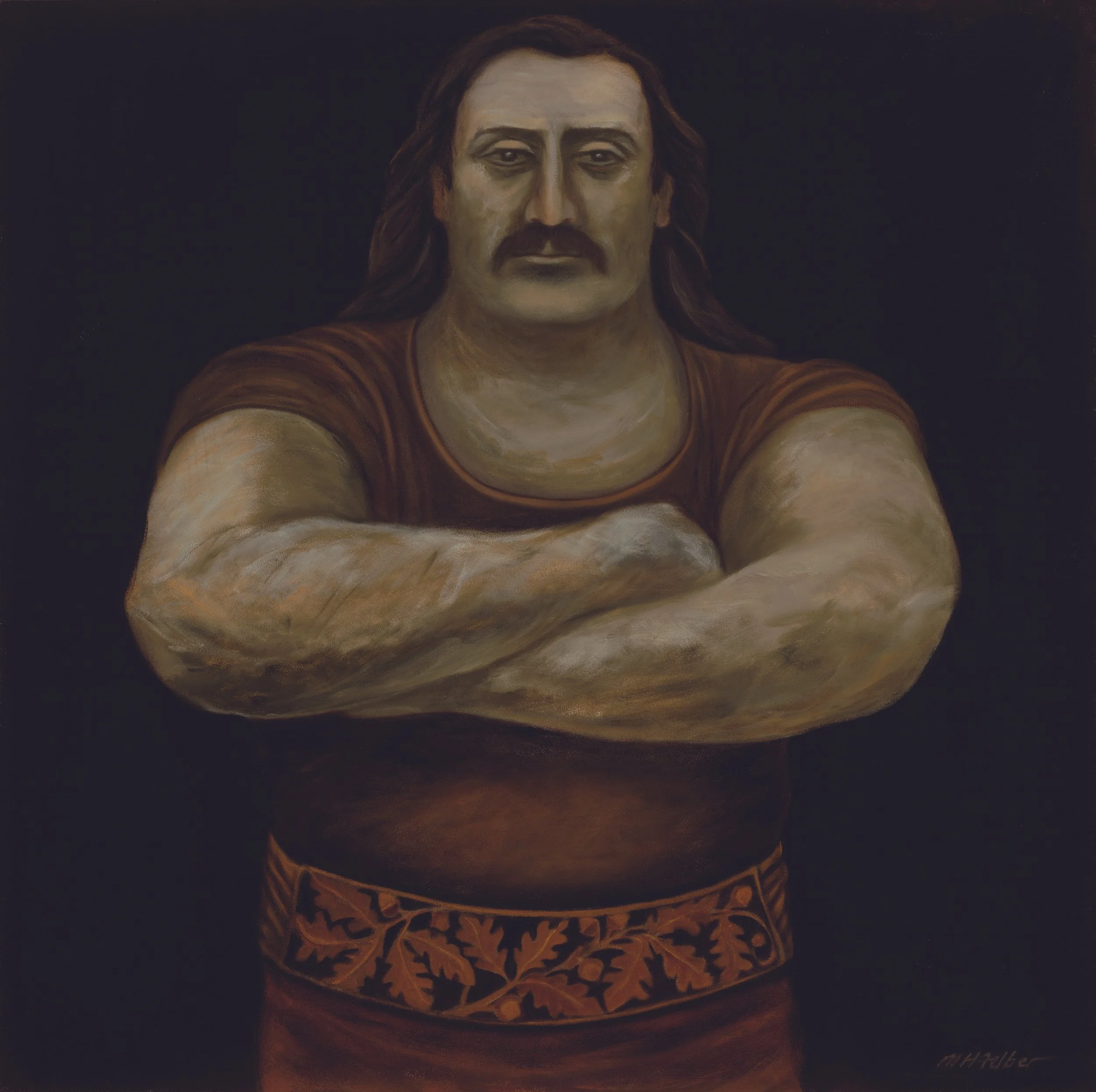 Painting of a man with long hair, mustache, and beard crossing his arms in front of a black background.