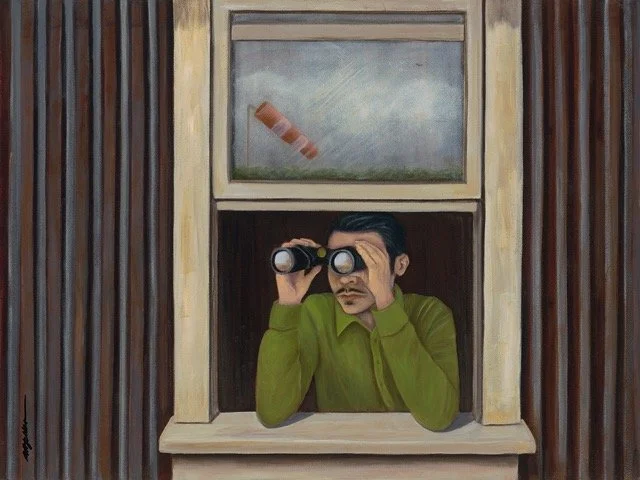 A man looking out of a window with binoculars, with an empty bottle lying on the window frame.