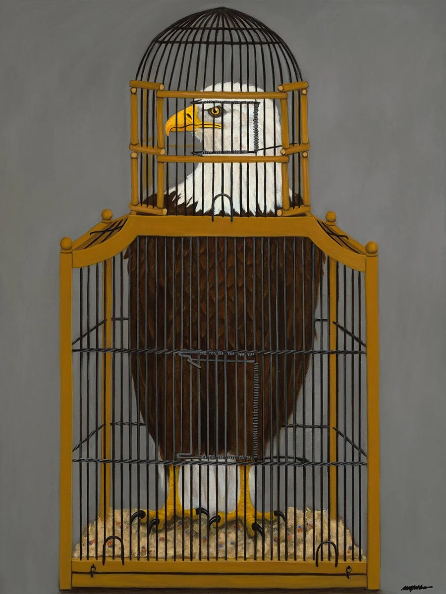 Painting of a bald eagle inside a vintage birdcage against a plain gray background.