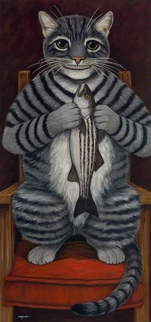 A painting of a humanoid cat sitting on a wooden chair, holding a fish. The cat has gray fur with black stripes, large green eyes, and prominent whiskers.