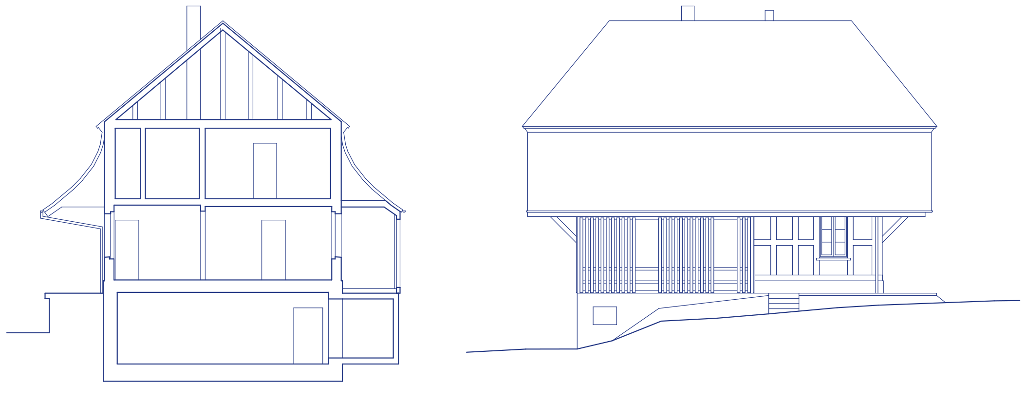 Zeichnung eines Hauses in Querschnittsansicht mit Dach, Fenstern und Türen, Detail einer Hausecke und Bodenaufbau.
