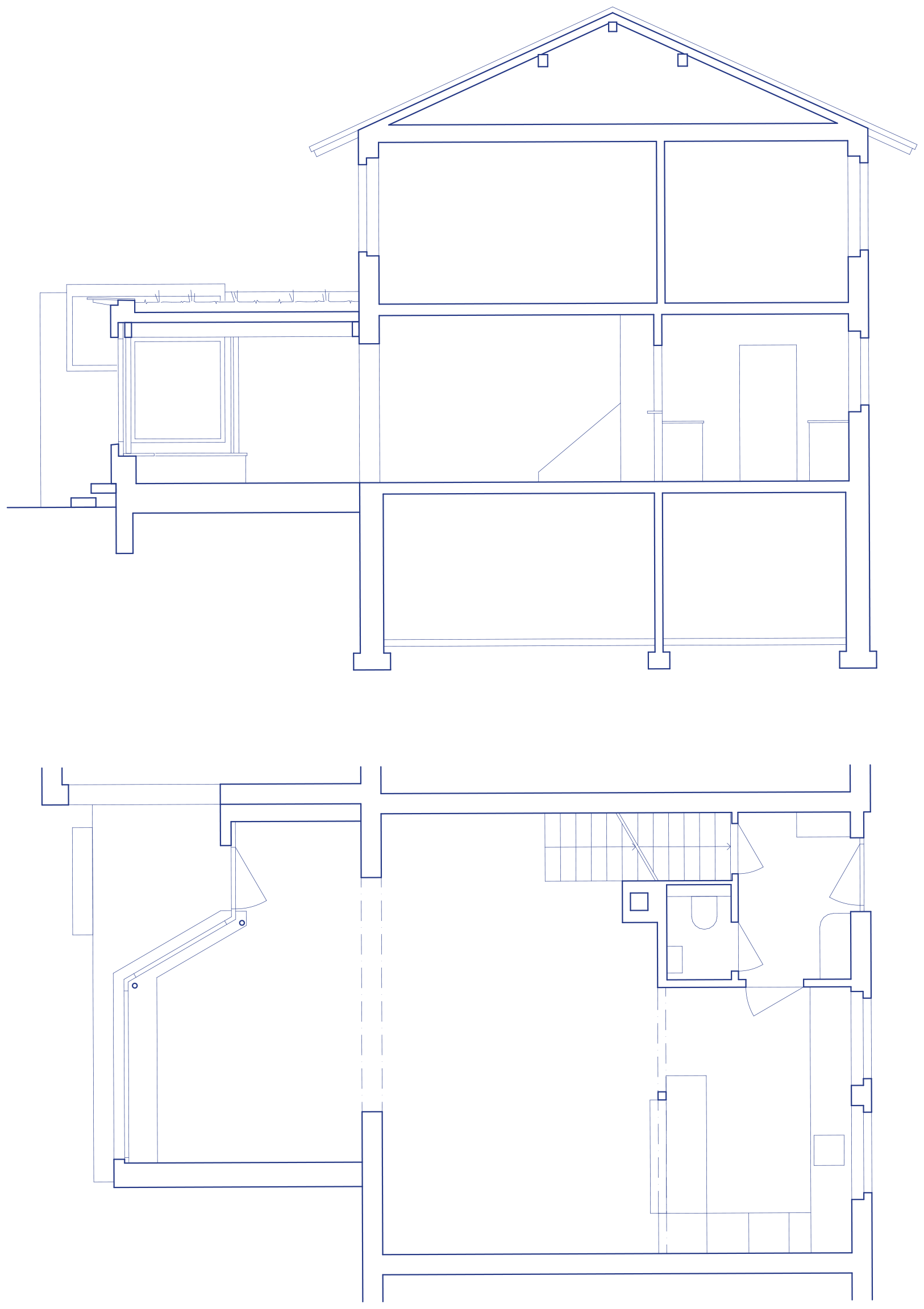 Grundriss eines Hauses mit mehreren Stockwerken, Details wie Türen, Fenster und Treppen sind sichtbar.