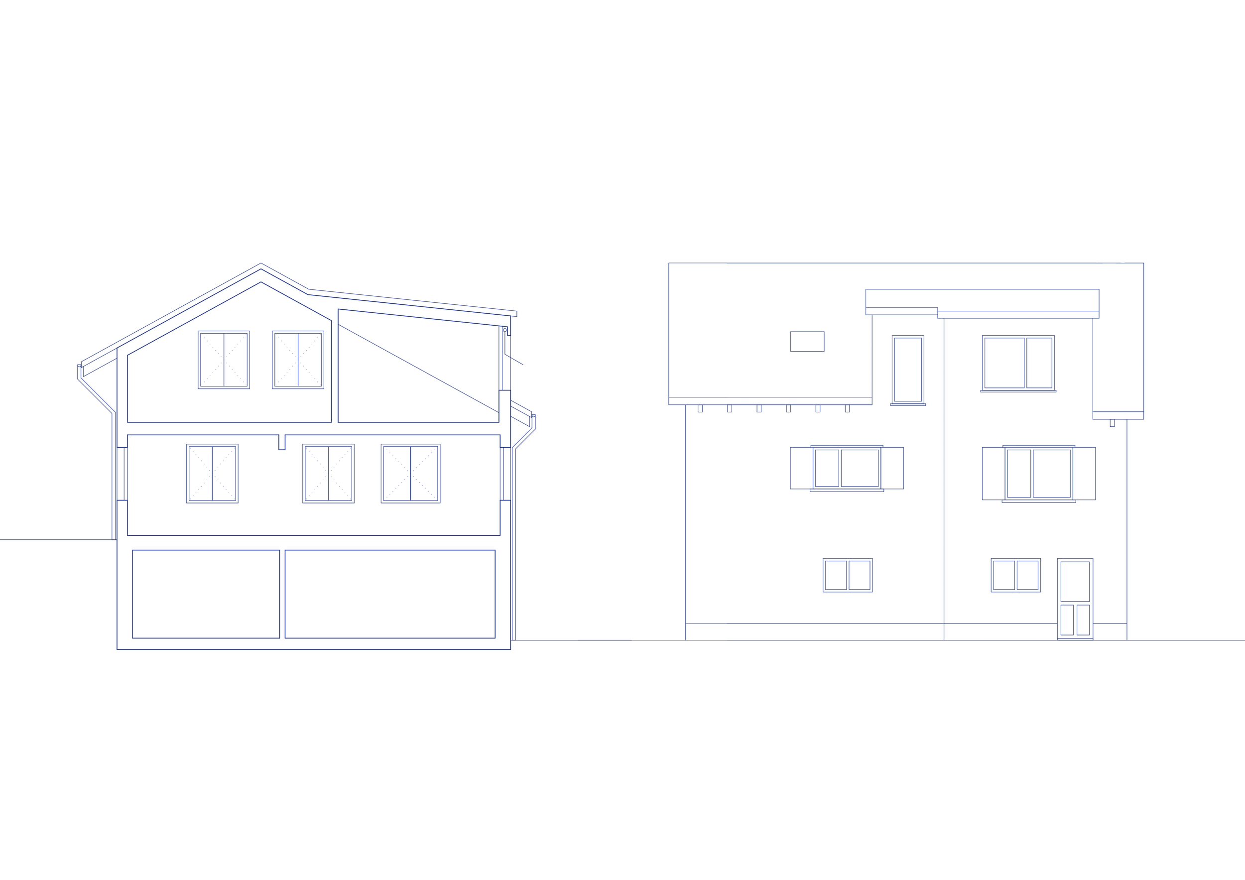 Grundriss eines modernen Hauses in Blau mit zwei Etagen, verschiedenen Fenstern und Eingängen.