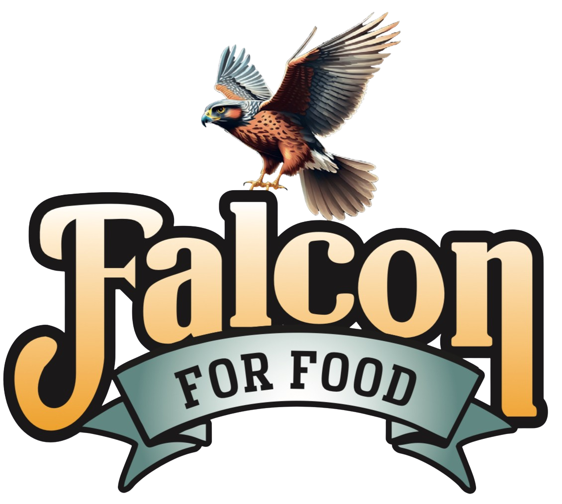 A logo for Falcon for Food featuring a realistic falcon with open wings positioned above the stylized text.