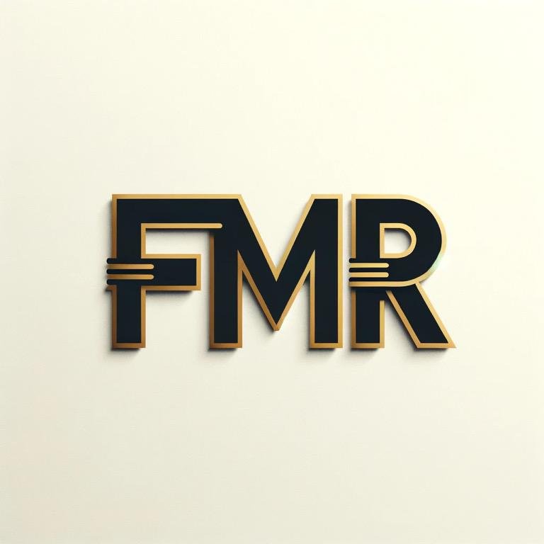 A wall sign with the letters 'FMR' in black and gold, with lines extending from the left of 'F' and the right of 'R'.