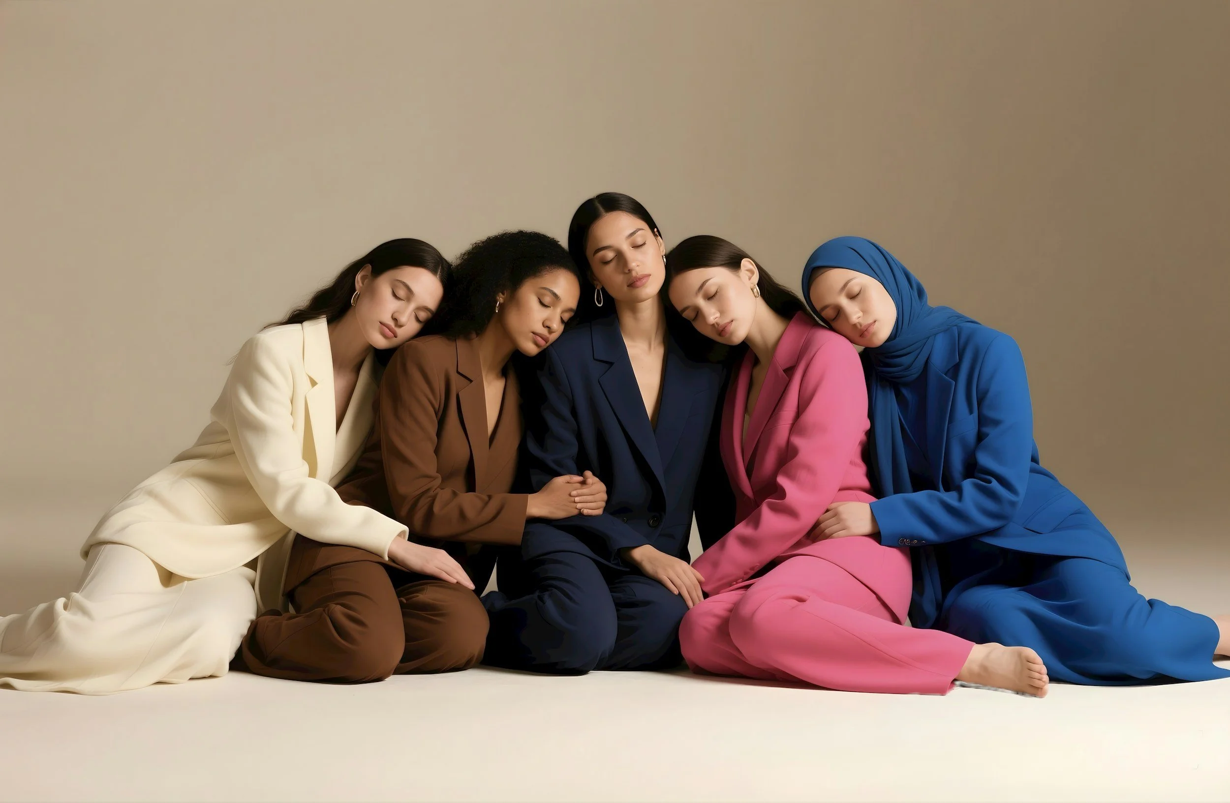 Five women dressed in colorful suits sitting on the floor with their heads resting on each other, eyes closed, against a plain beige background.