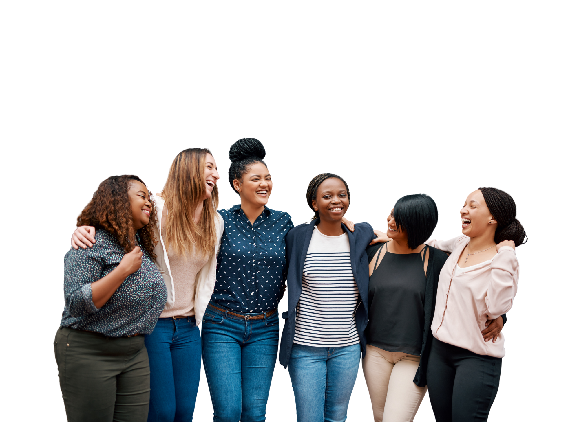 Group of six women embracing and laughing together
