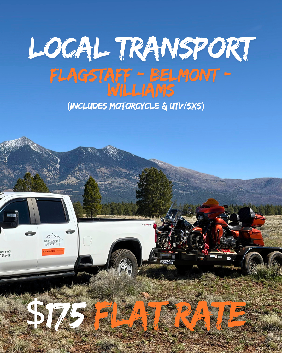 White pickup truck towing a trailer with two motorcycles in a scenic outdoor setting with mountains and trees in the background, advertising local transportation services.