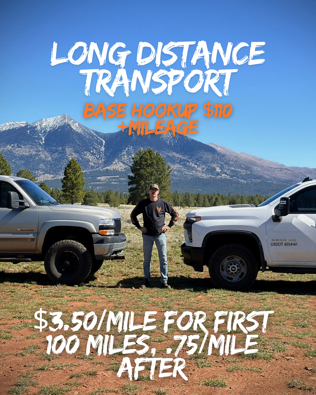 Promotional image advertising long-distance vehicle transport services featuring two parked trucks, a man standing between them, with a mountainous landscape in the background. Text overlay details pricing and service information.