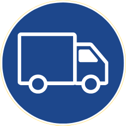 Icon of a delivery truck inside a blue circle with a yellow outline