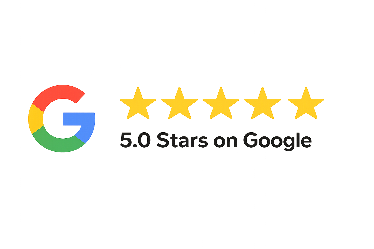 A graphic with the Google logo, five gold stars, and text that reads '5.0 Stars on Google' against a dark background with colorful, neon-like light streaks.