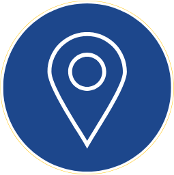 Icon of a location pin on a blue background.
