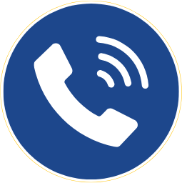 Icon of a white phone receiver with signal waves on a blue circular background.