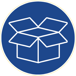 An outline of an open cardboard box inside a blue circle.