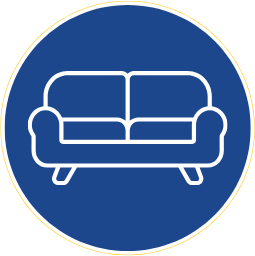 Line drawing of a sofa on a blue circular background