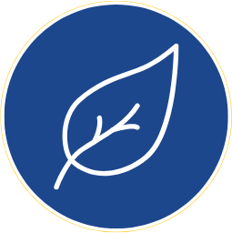 Simple white line drawing of a leaf on a dark blue circular background