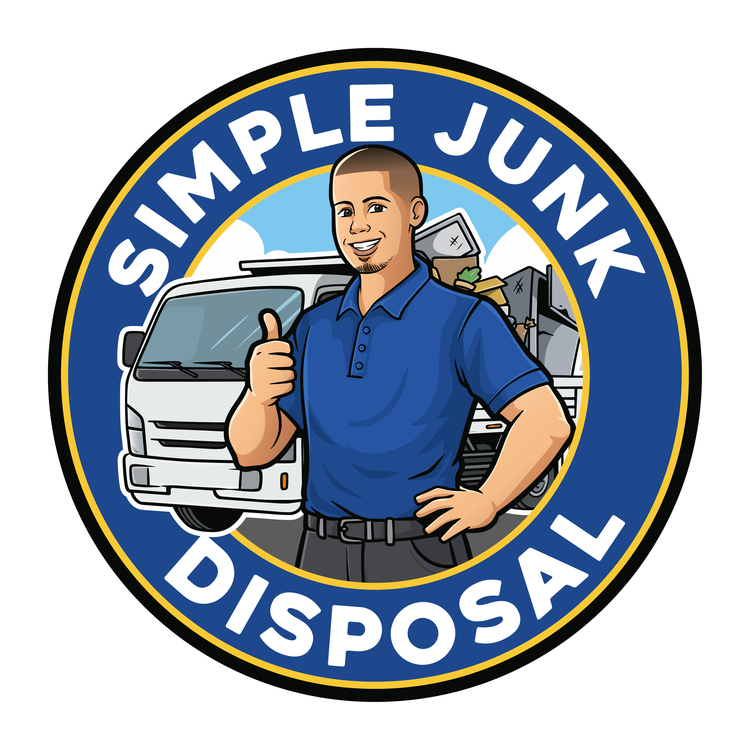 A logo with a circular design featuring a cartoon man with a shaved head smiling and giving a thumbs-up, with a vehicle and boxes behind him, and the text 'SIMPLE JUNK' in an arc at the top and 'DISPOSAL' at the bottom.