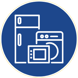Icon of a refrigerator, washing machine, microwave, and oven in white on a blue circular background.
