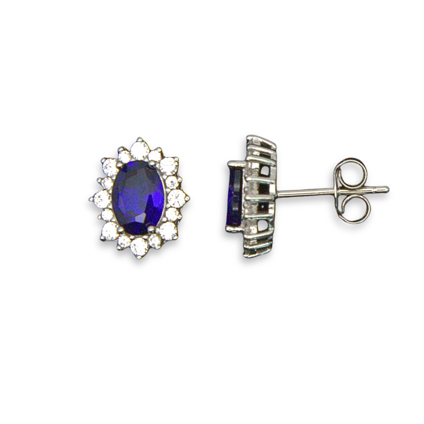 Sterling Silver Oval Halo Stud Earrings, Blue Stone