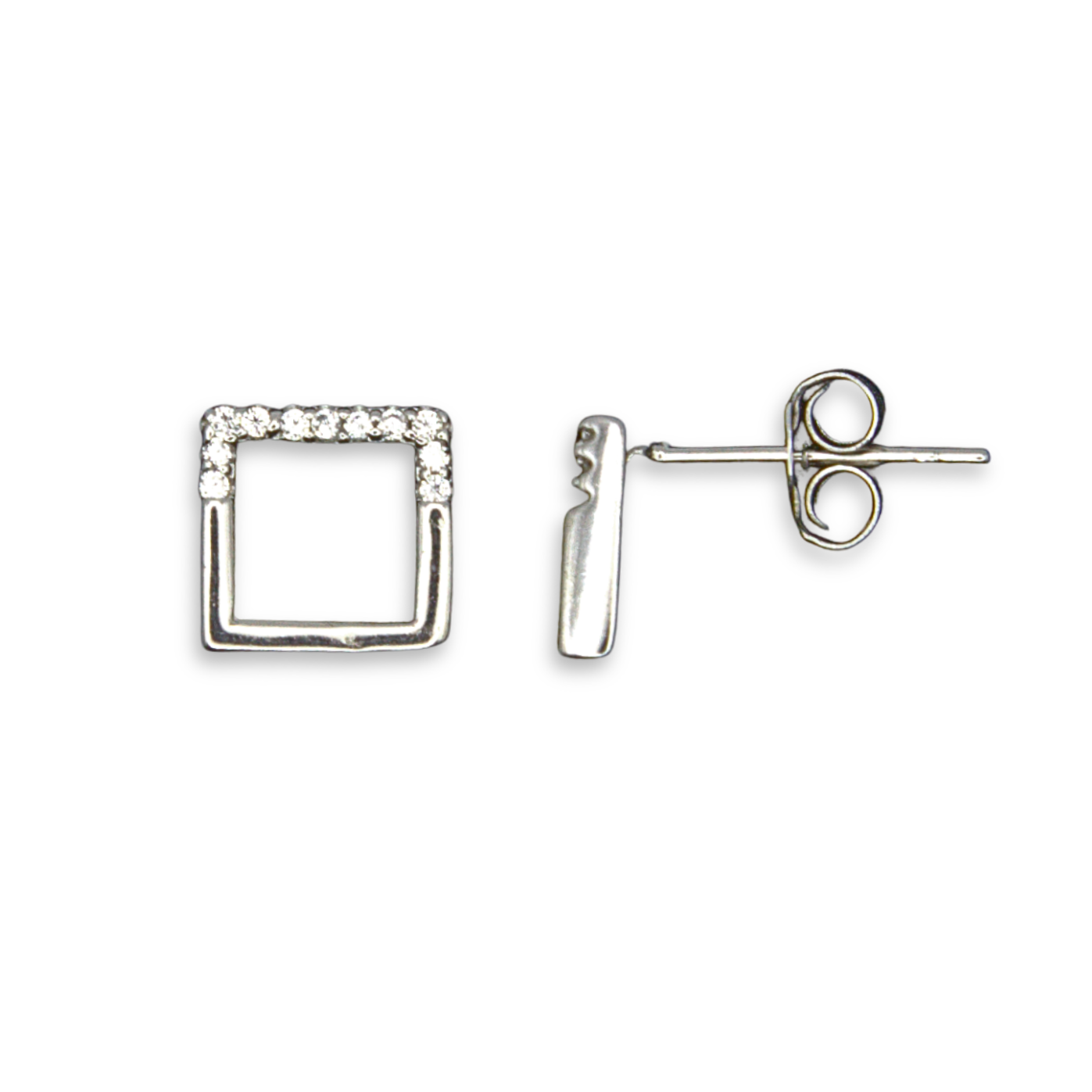 Sterling Silver Open Square Stud Earrings, Pave-Set CZ