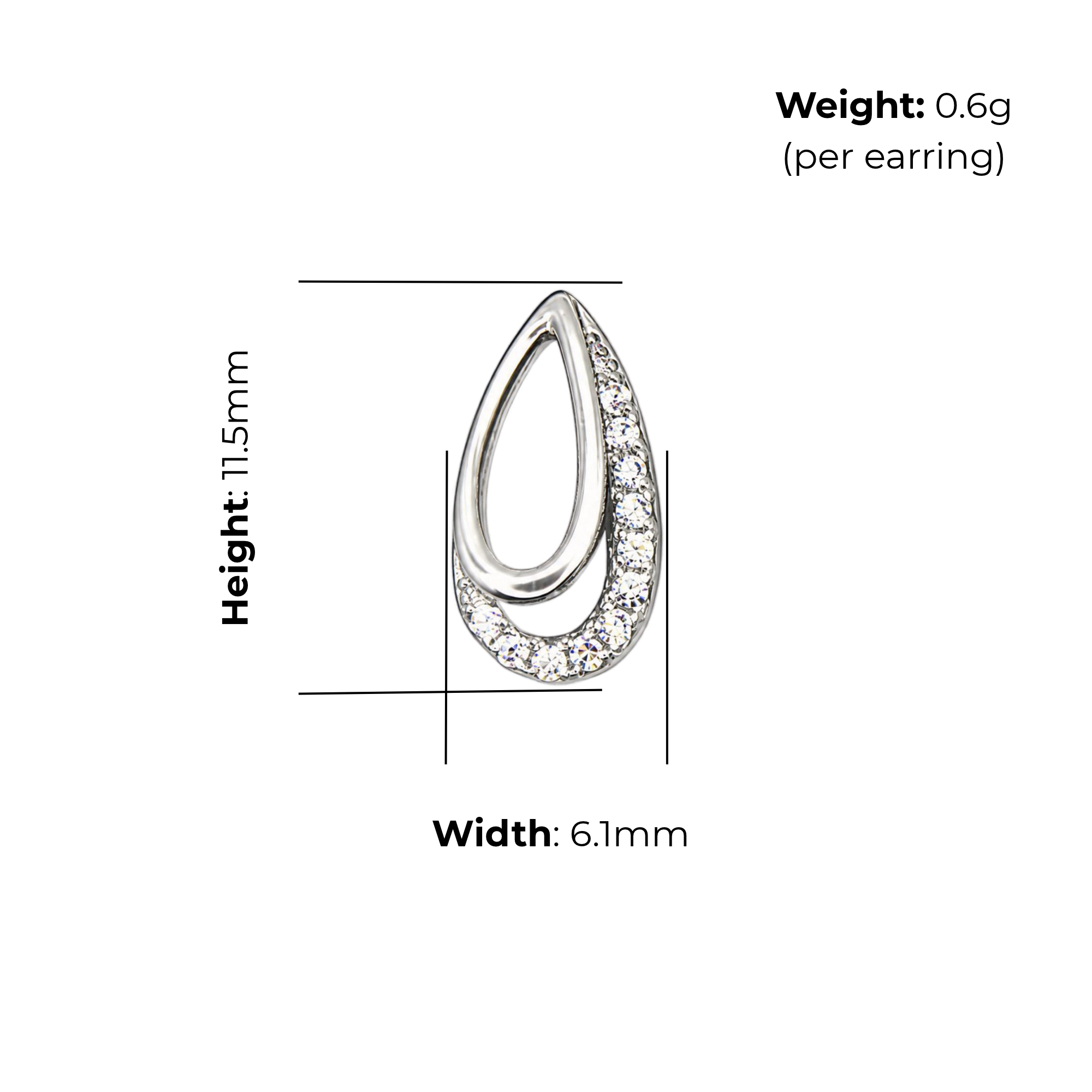 Sterling Silver Open Teardrop Stud Earrings, Pave-Set CZ Trim, product dimensions shown, width 6.1mm, height 11.5mm, weight 0.6g per earring.