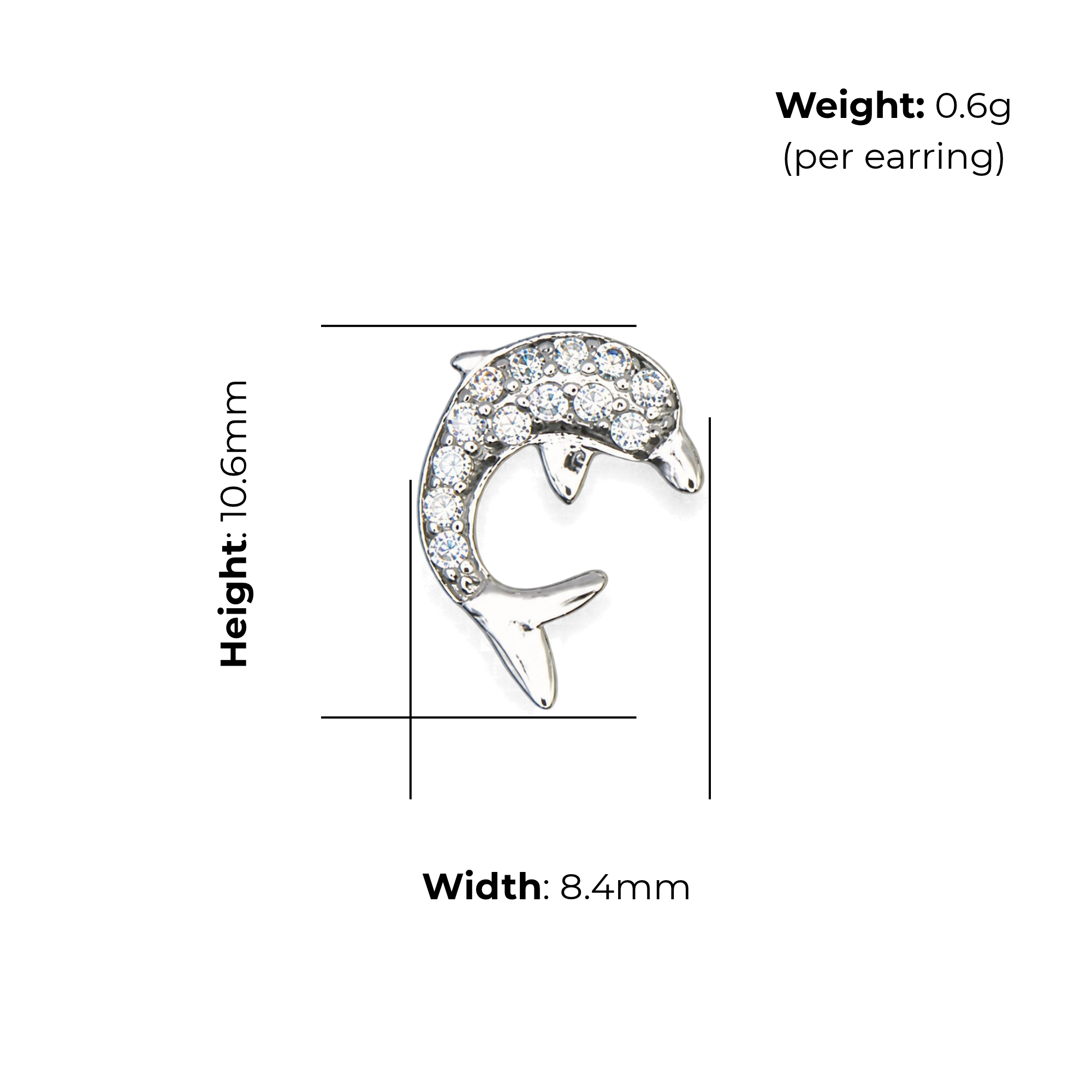 Sterling Silver Dolphin Stud Earrings, Pave-Set CZ, product dimensions shown, width 8.4mm, height 10.6mm, weight 0.6g per earring.