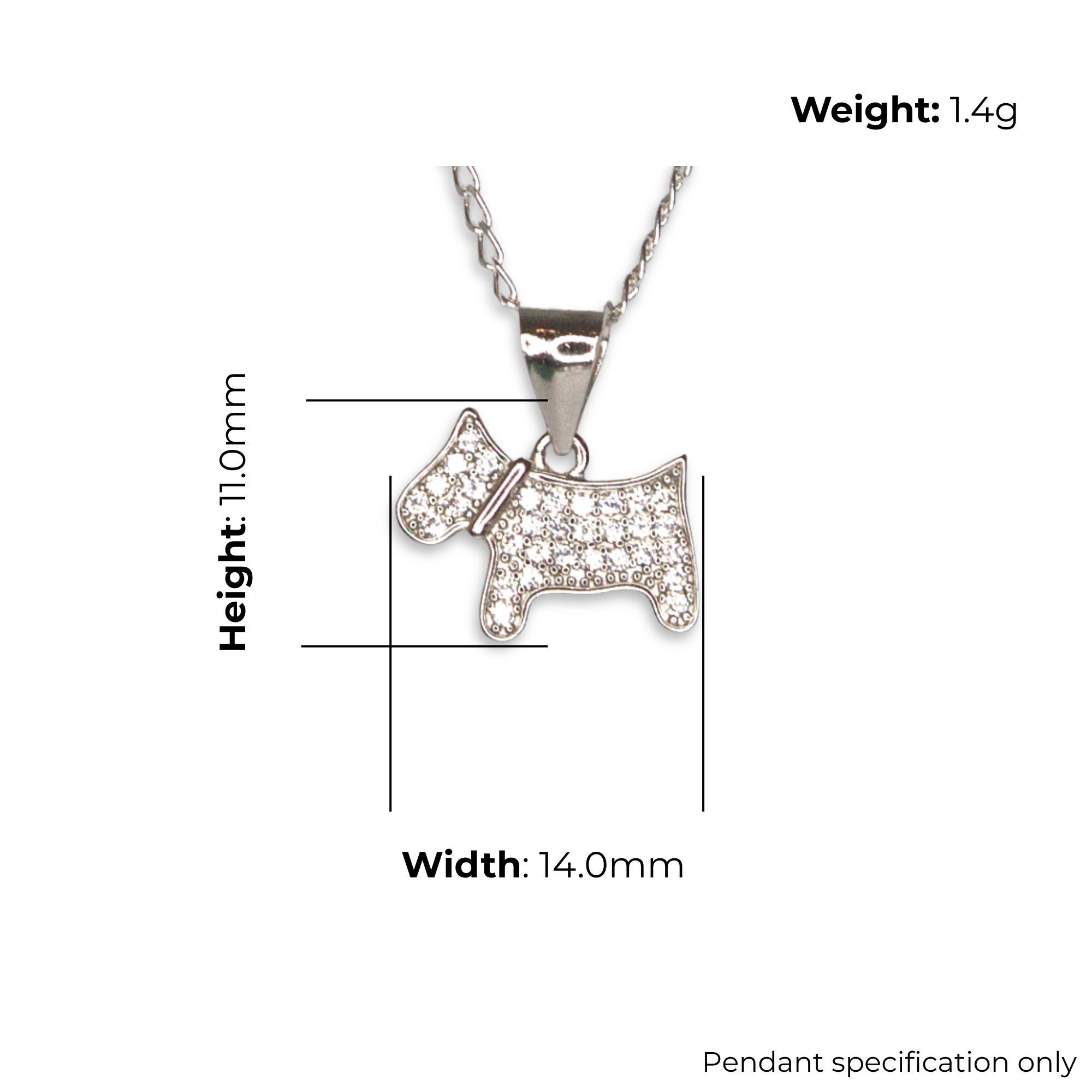 Sterling Silver Scottish Terrier Pendant with CZ, product dimensions shown, width 14mm, height 11mm, weight 1.4g, pendant specification only