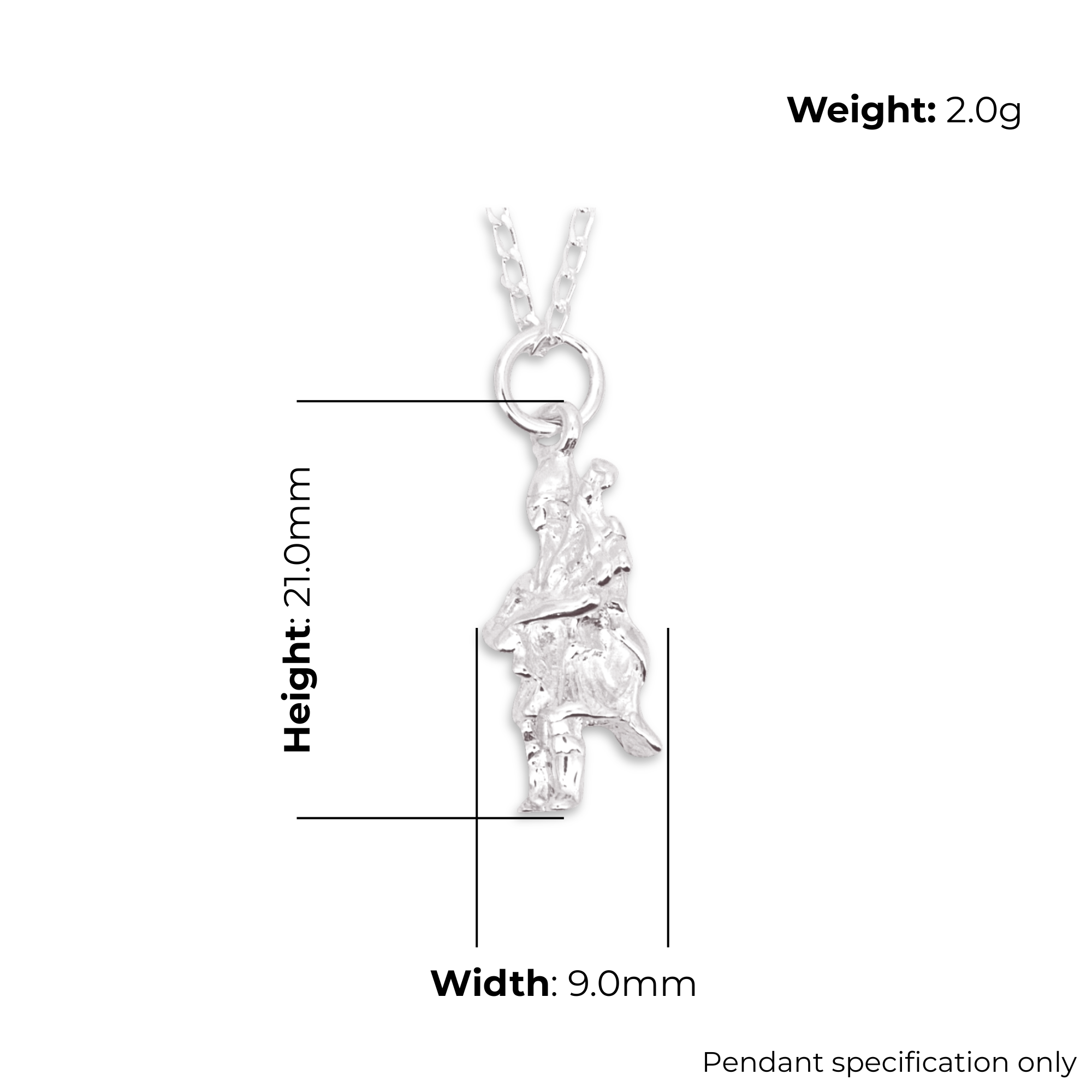 Sterling Silver Scottish Piper Pendant, 3D figural design, product dimensions shown, width 9mm, height 21mm, weight 2.0g