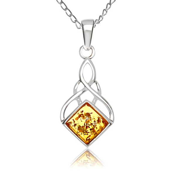 Sterling Silver Celtic Knotwork Pendant, natural amber square-cut stone, bezel set