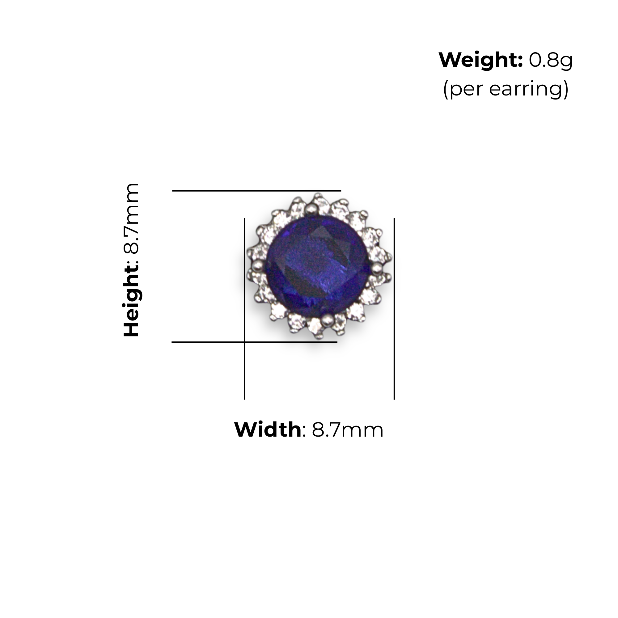 Sterling Silver Halo Stud Earrings, Blue CZ Centre Stone, product dimensions shown, width 8.7mm, height 8.7mm, weight 0.8g per earring.