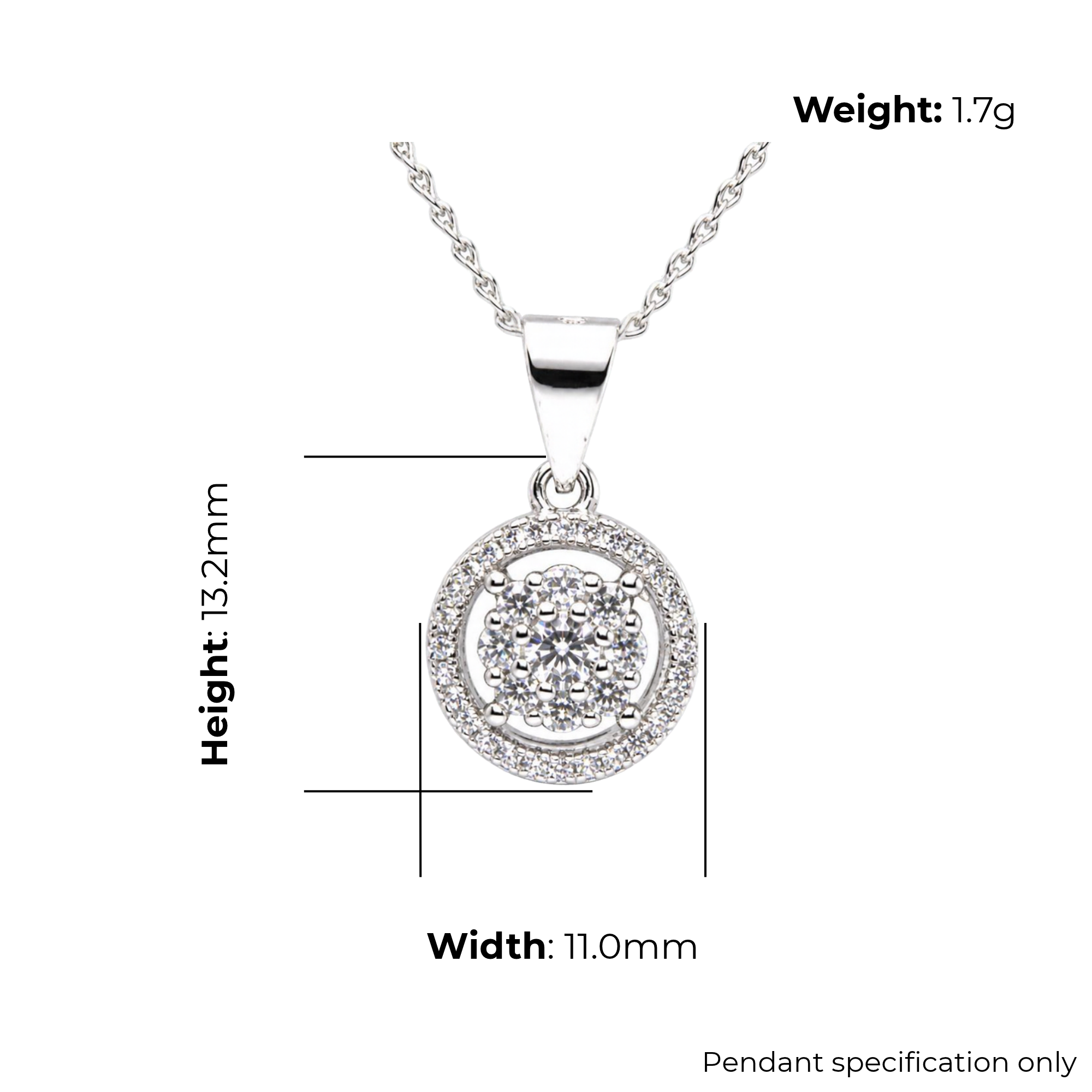 Sterling Silver CZ Cluster Halo Pendant, product dimensions shown, width 11mm, height 13.2mm, weight 1.7g pendant specification only