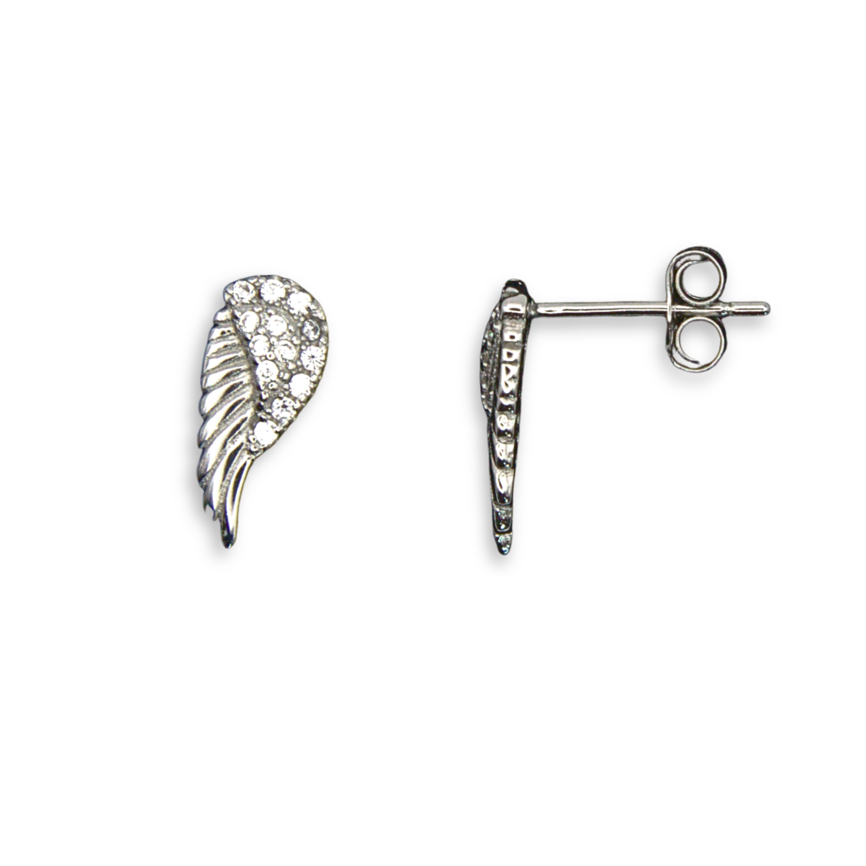 Sterling Silver Angel Wing Stud Earrings, Pave-Set CZ Detail