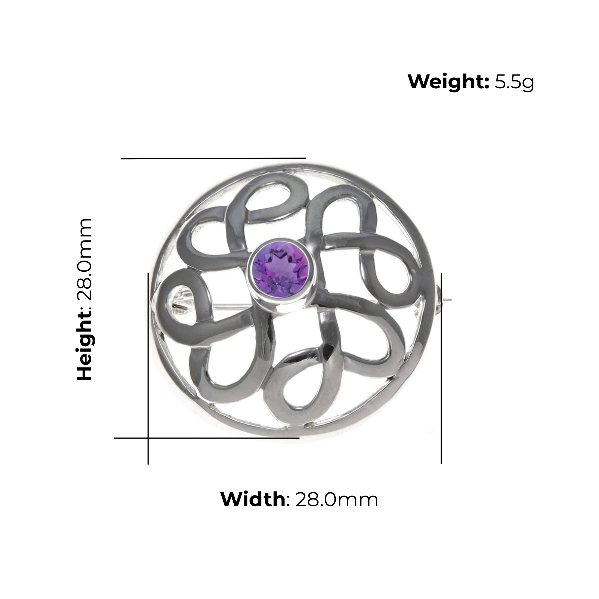 Sterling Silver Celtic Knot Brooch, round purple cubic zirconia, product dimensions shown, width 28mm, height 28mm, weight 5.5g