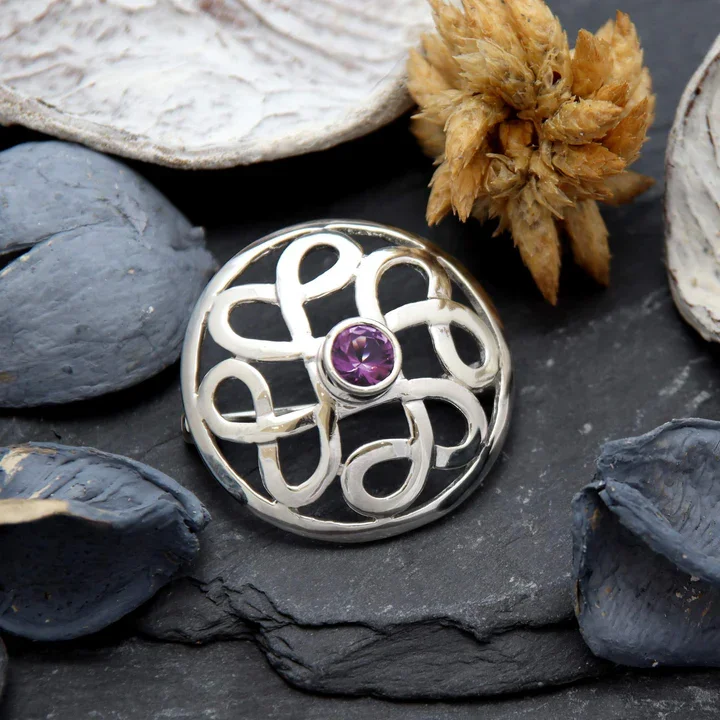 Sterling Silver & Purple CZ Celtic Circle Brooch - 28mm (2).webp