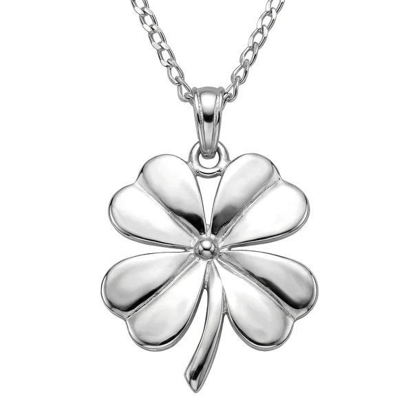 Sterling Silver Four Leaf Clover Pendant, sculpted four-lobe form, high mirror polish.