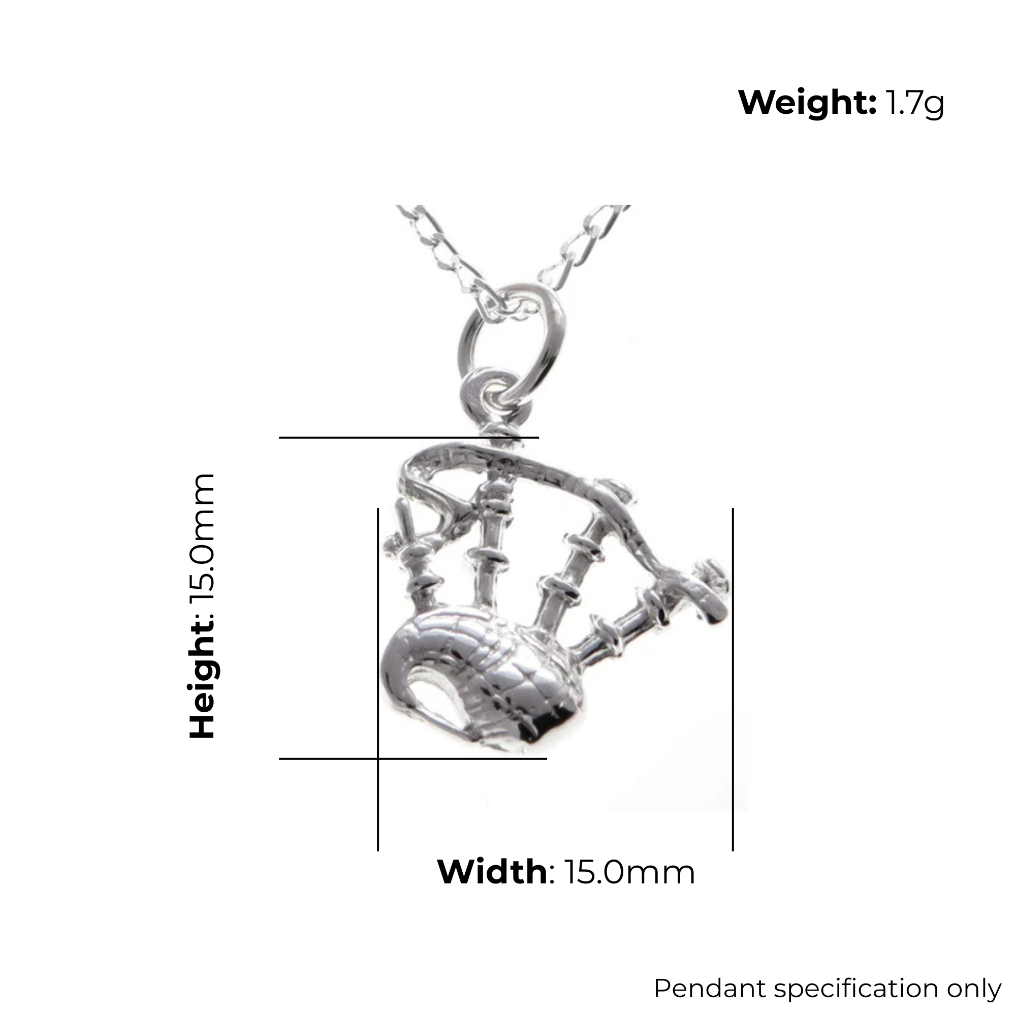 Sterling Silver Scottish Bagpipes Pendant, sculpted three-dimensional form, drone and bag detail, product dimensions shown, width 15mm, height 15mm, weight 1.7g, pendant specification only
