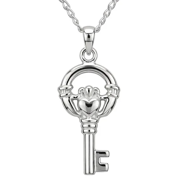 Sterling Silver Claddagh Key Pendant, hands heart and crown motif, high mirror polish.