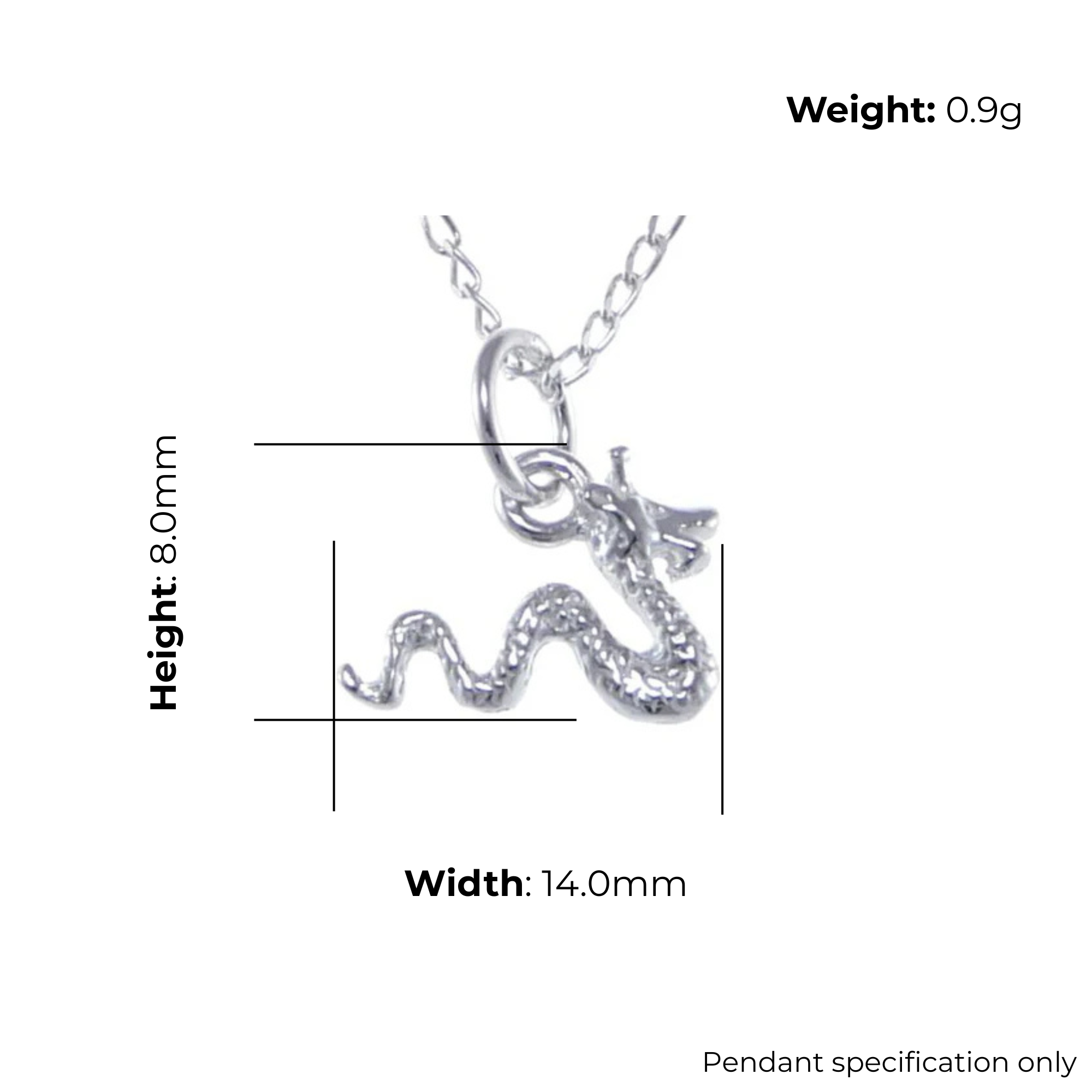 Sterling Silver Loch Ness Monster Pendant, sinuous serpentine form, scaled texture, product dimensions shown, width 14mm, height 8mm, weight 0.9g, pendant specification only
