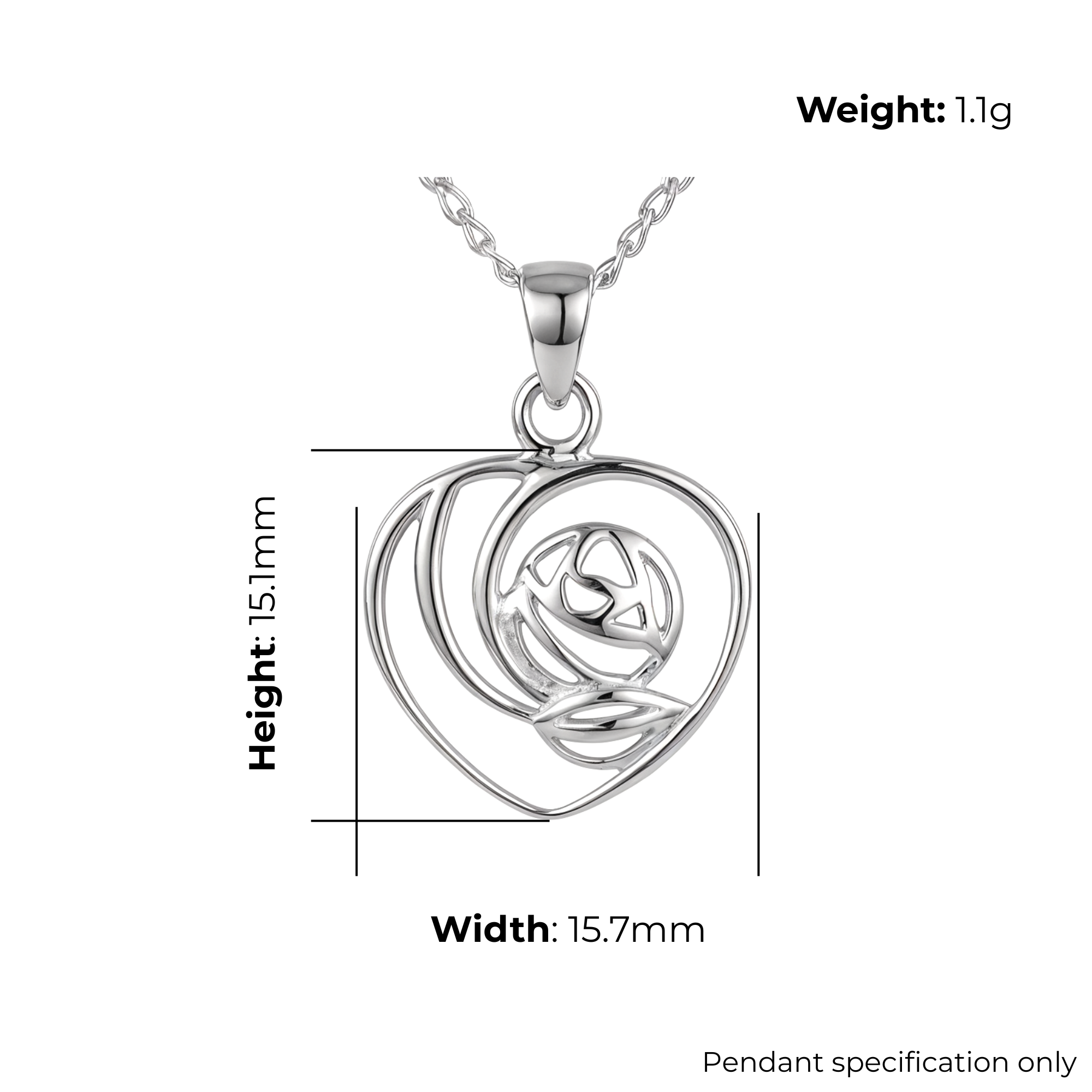 Sterling Silver Charles Rennie Mackintosh Heart Pendant, sculpted rose, heart-shaped leaves, product dimensions shown, width 15.7mm, height 15.1mm, weight 1.1g, pendant specification only